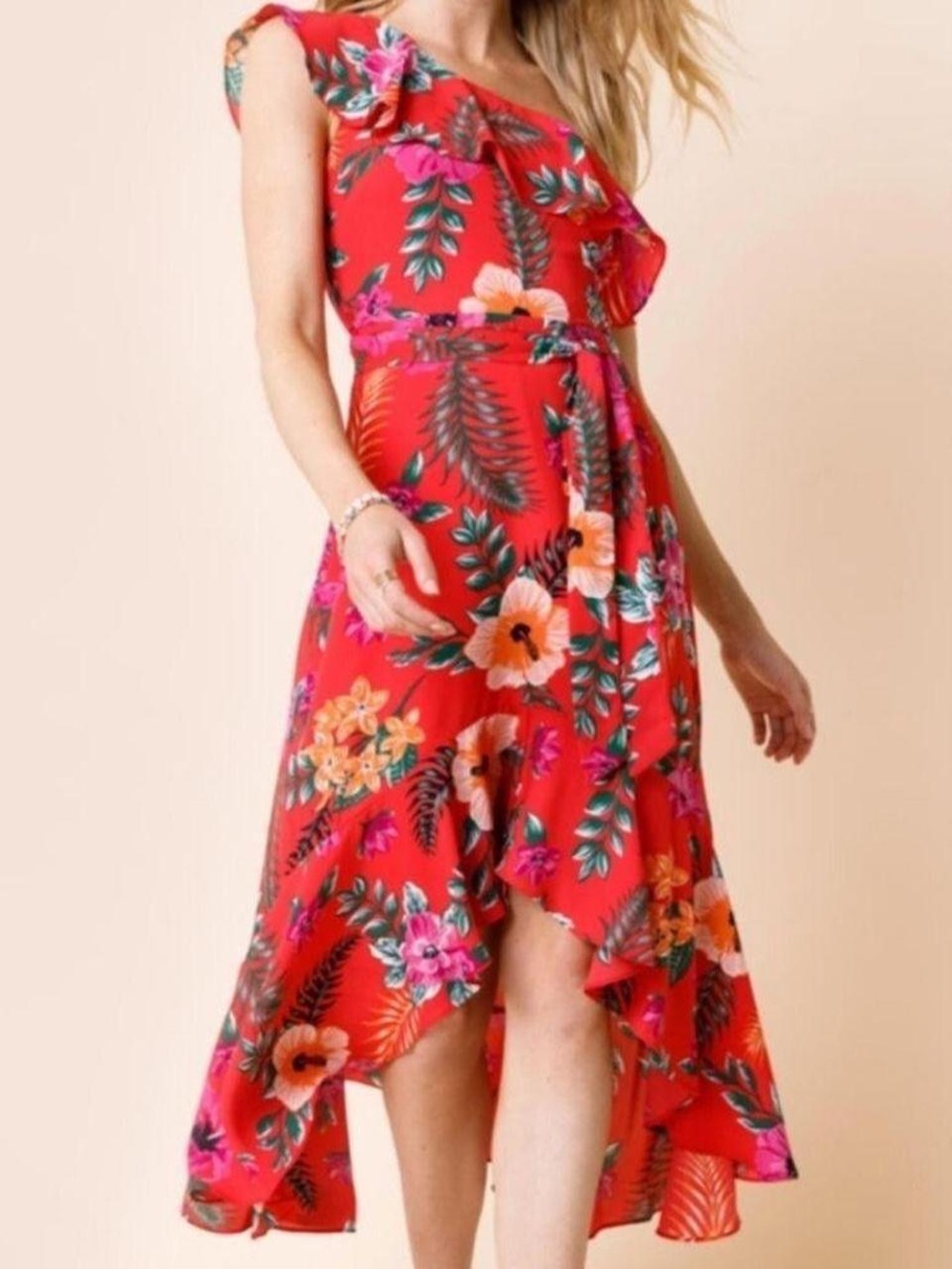 Francesca's Collections Red Floral One-Shoulder High-Low Dress